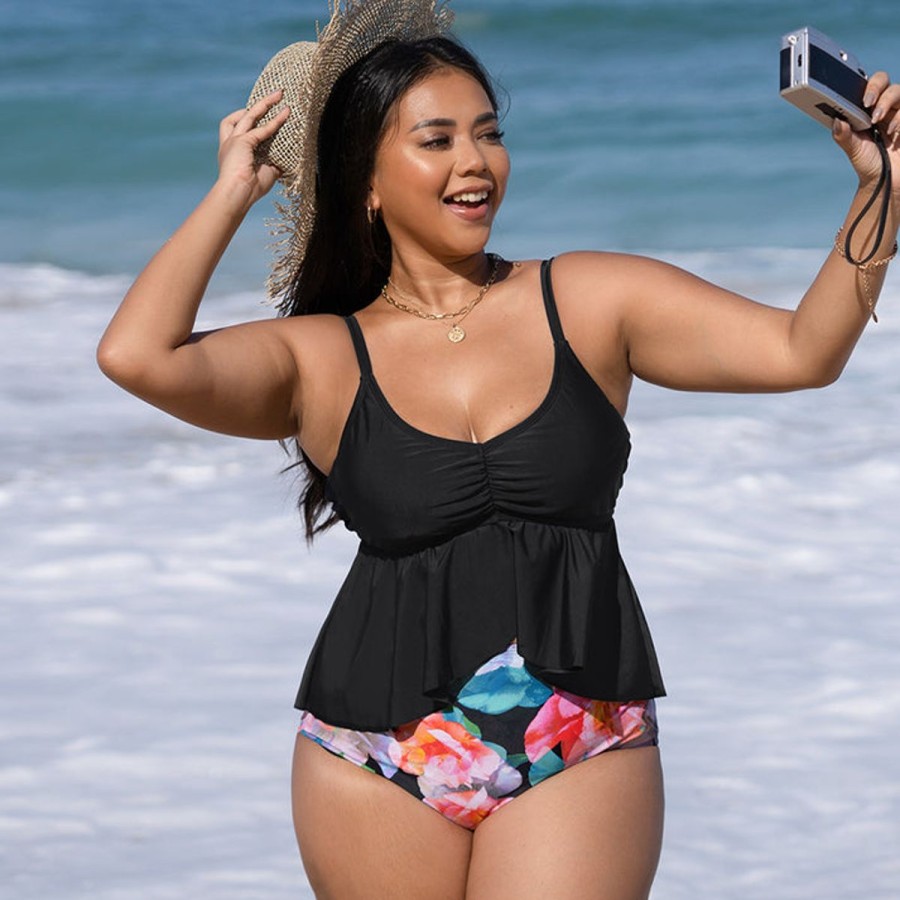 Women The Beach Company Swim & Beach | Plus Size Floral Print Tankini Set With Spaghetti Straps Black/Multi