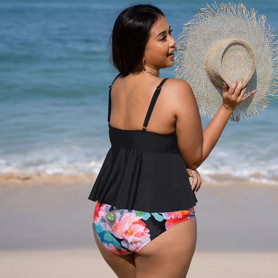 Women The Beach Company Swim & Beach | Plus Size Floral Print Tankini Set With Spaghetti Straps Black/Multi