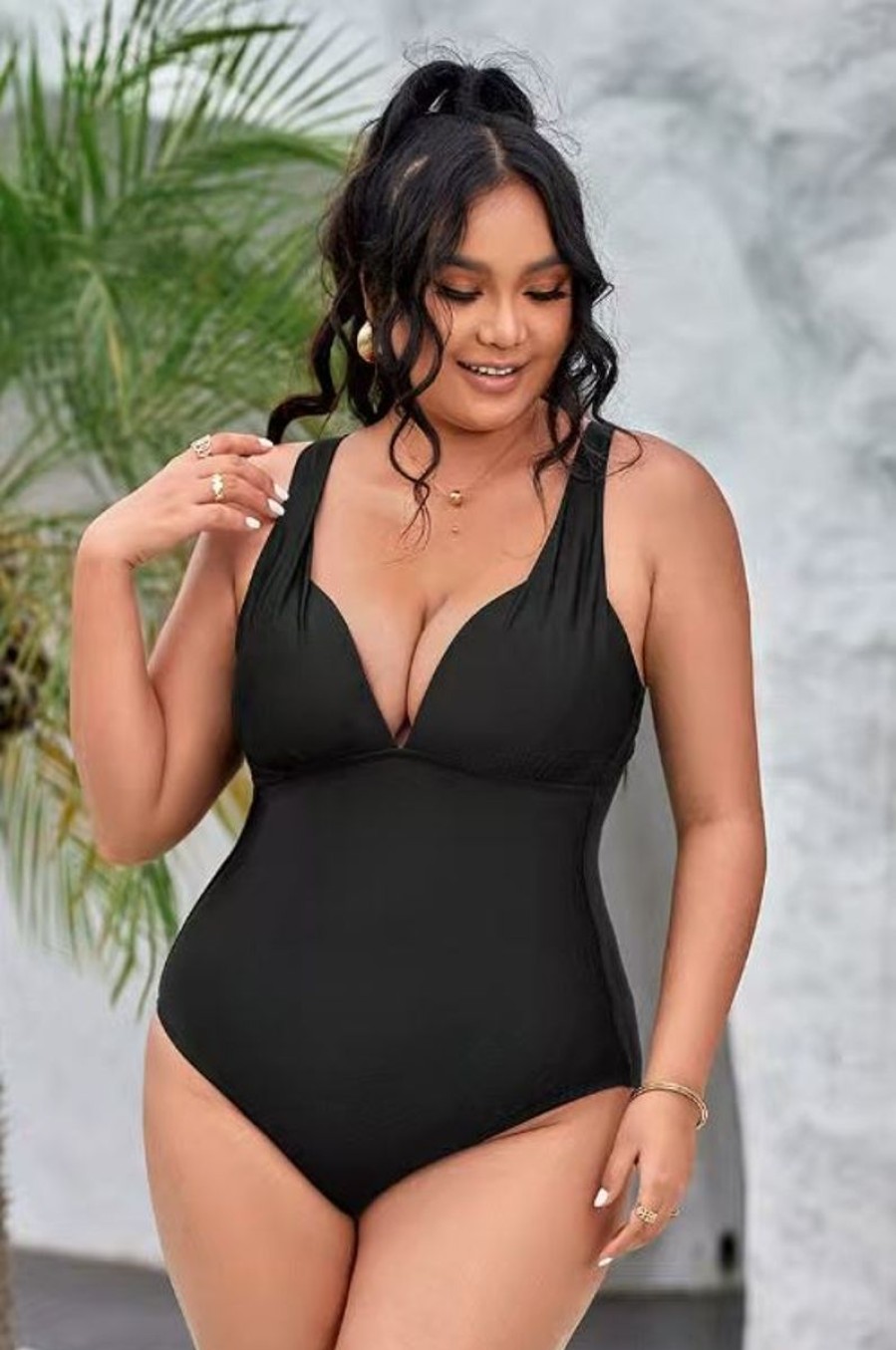 Women The Beach Company Swim & Beach | Summer Of Love Plunge Tummy Control Plus Size One Piece Black