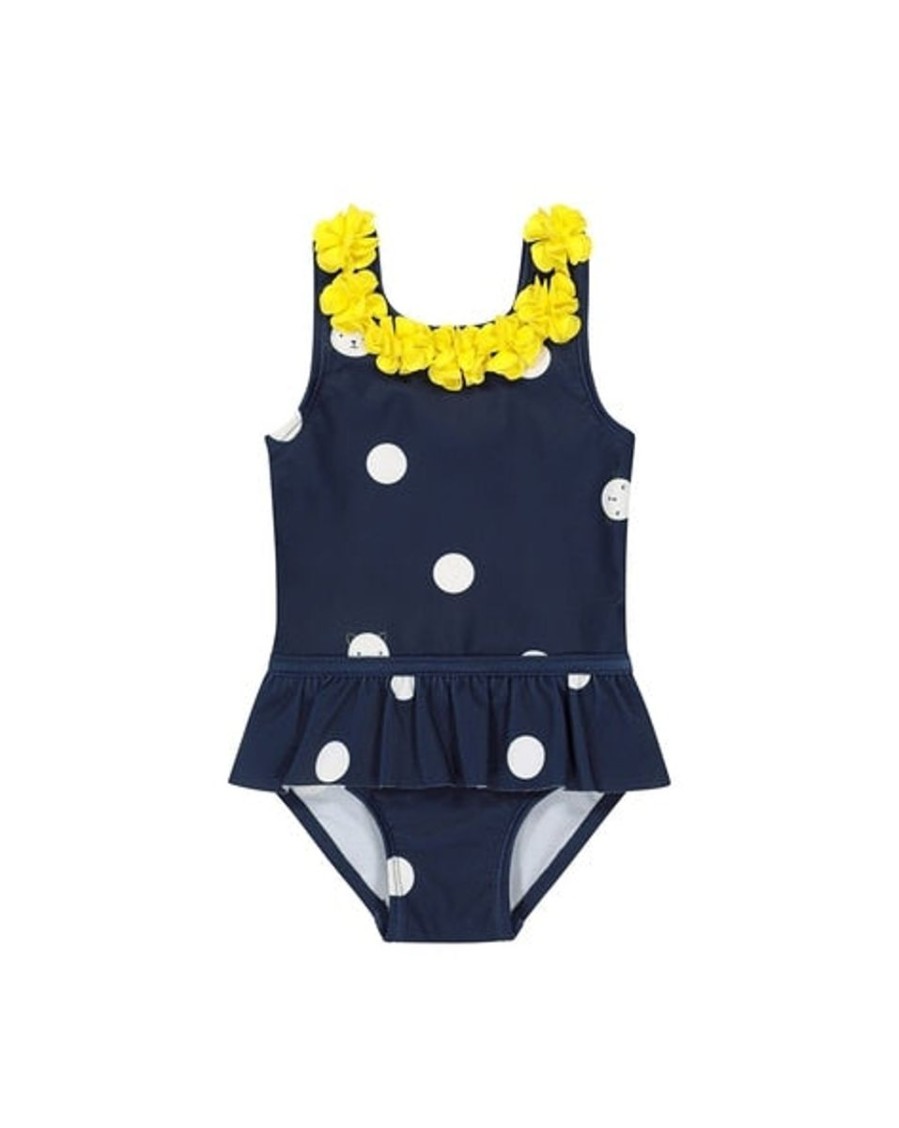 Kids Mothercare Swimsuits For Toddlers | 3D Floral Applique Polka-Dot Print Swimsuit Navy