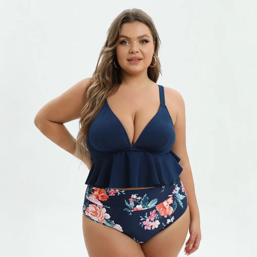 Women The Beach Company Bikini Sets | Floral Ruffle Plus Size High Waist Bikini Set Navy/Floral