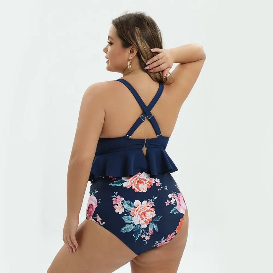 Women The Beach Company Bikini Sets | Floral Ruffle Plus Size High Waist Bikini Set Navy/Floral