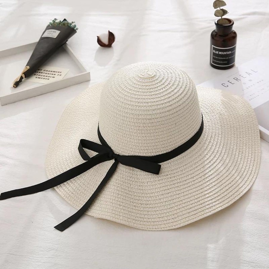 Women The Beach Company Beach Hats | Summer Wide-Brimmed Sun Hat With Bow Knot Off-White