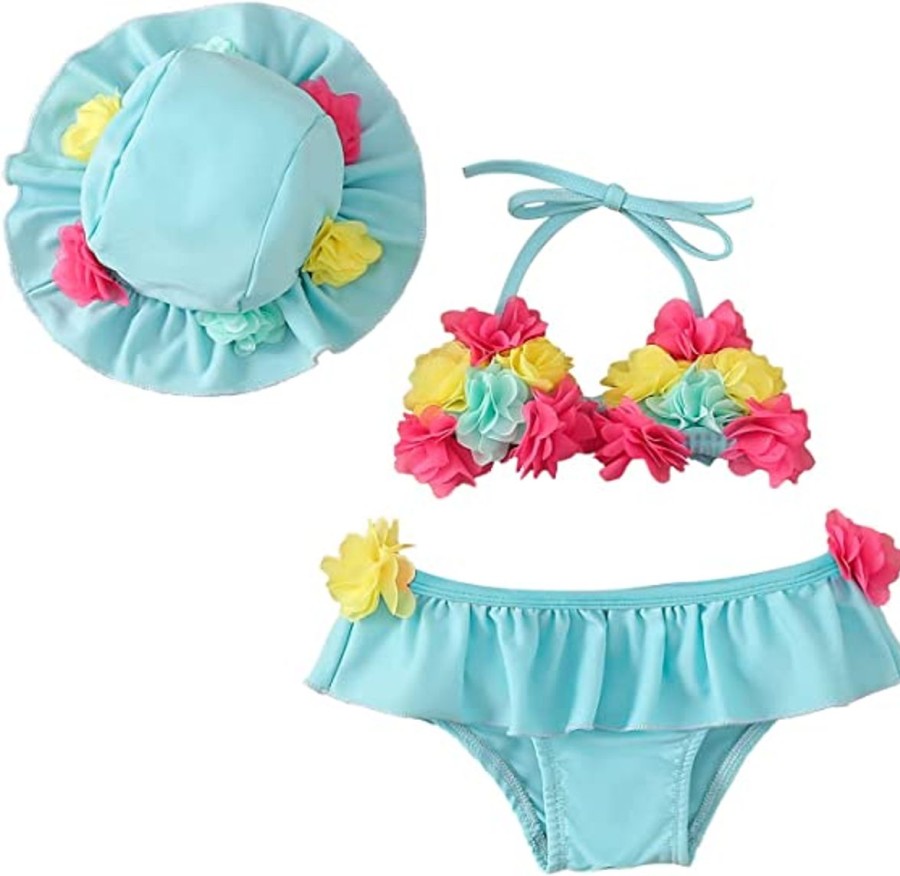 Kids The Beach Company Swimsuits For Toddlers | Flower 3Pcs Halter Triangle Top With Ruffle Bottom And Sun Hat Blue