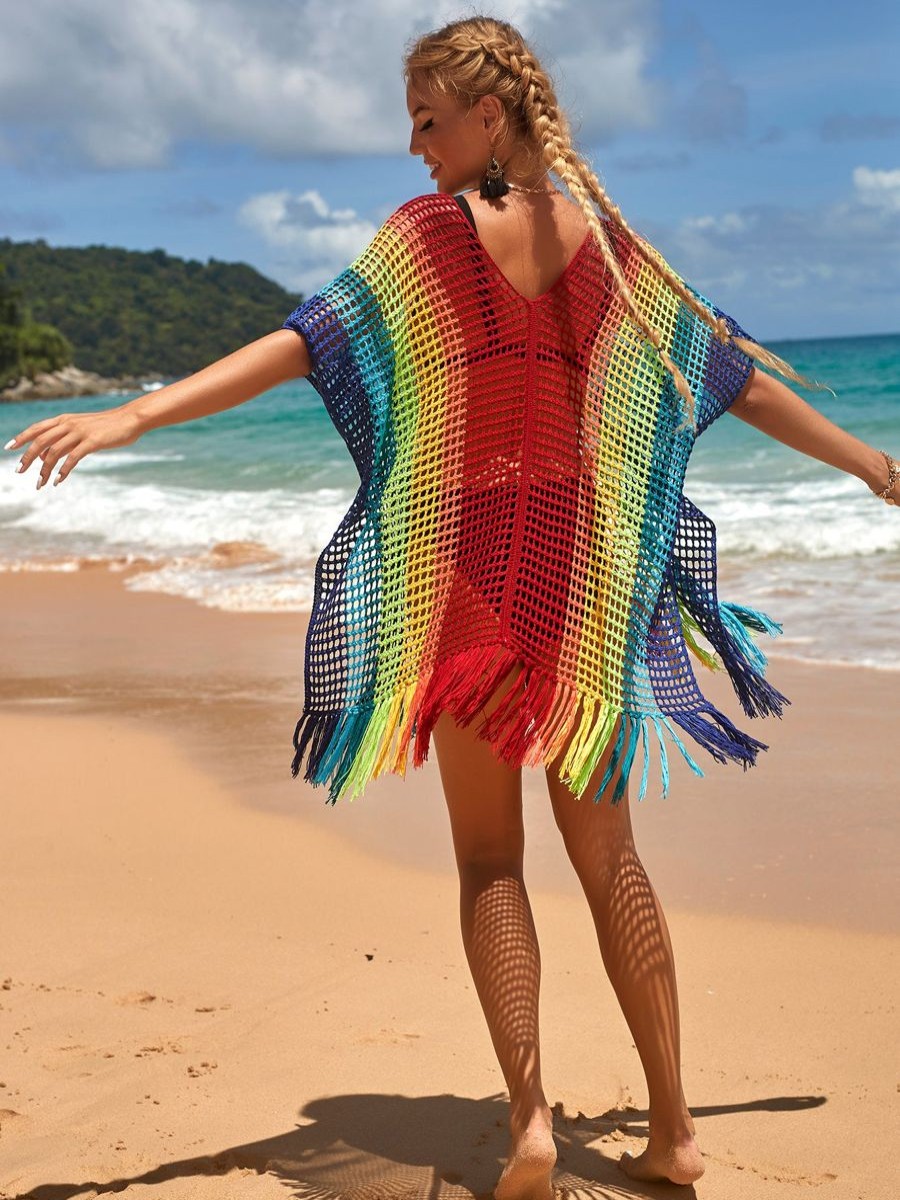 Women The Beach Company Beachwear | Boho Gradient Crochet Cover Up Red