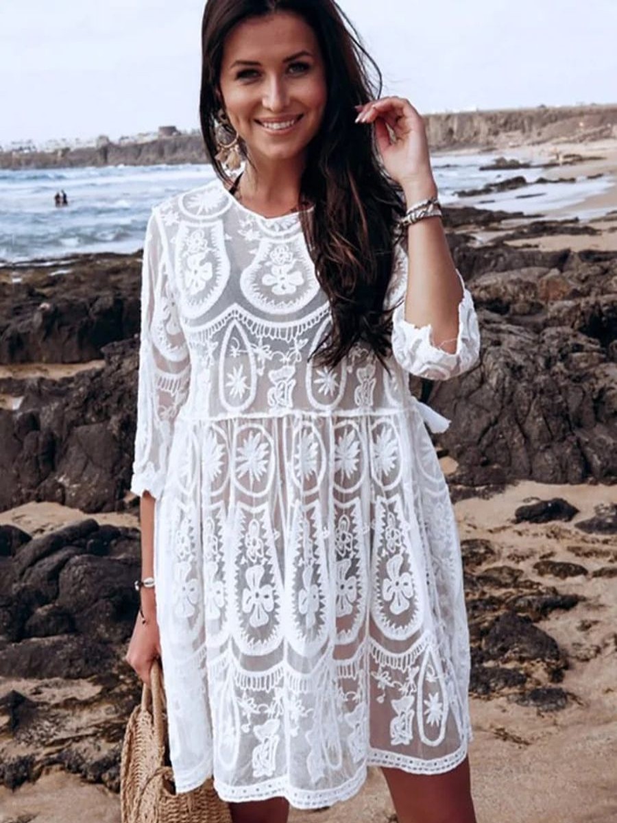 Women The Beach Company Beachwear | White Lace Mini Dress Cover Up