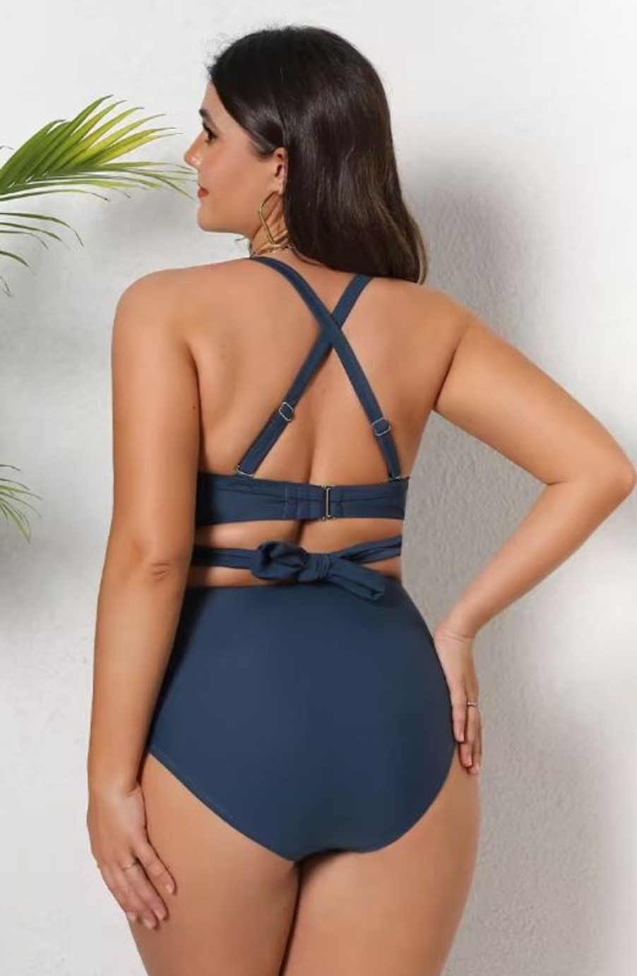 Women The Beach Company Swim & Beach | Plus Size Knotted Sash High Waist Bikini Set Blue