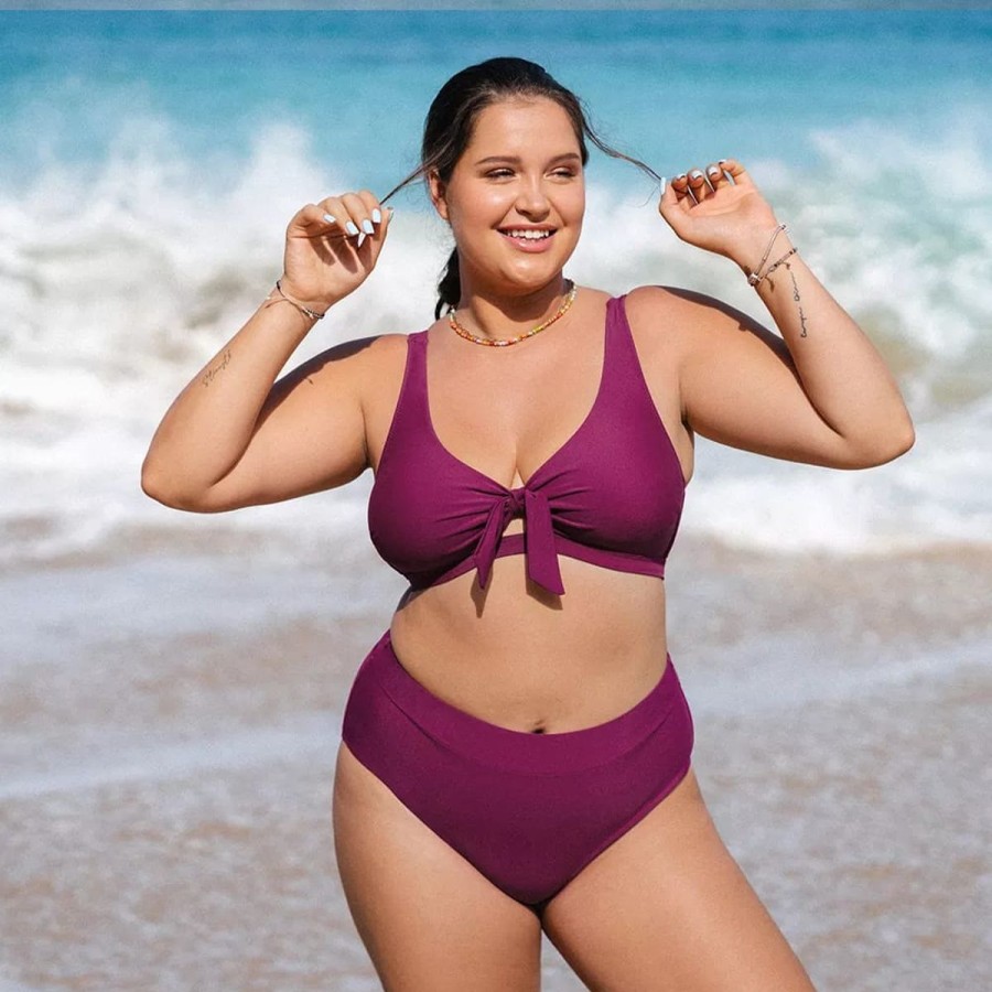 Women The Beach Company Swim & Beach | Bow Knot Plus Size High Waist Bikini Set Purple