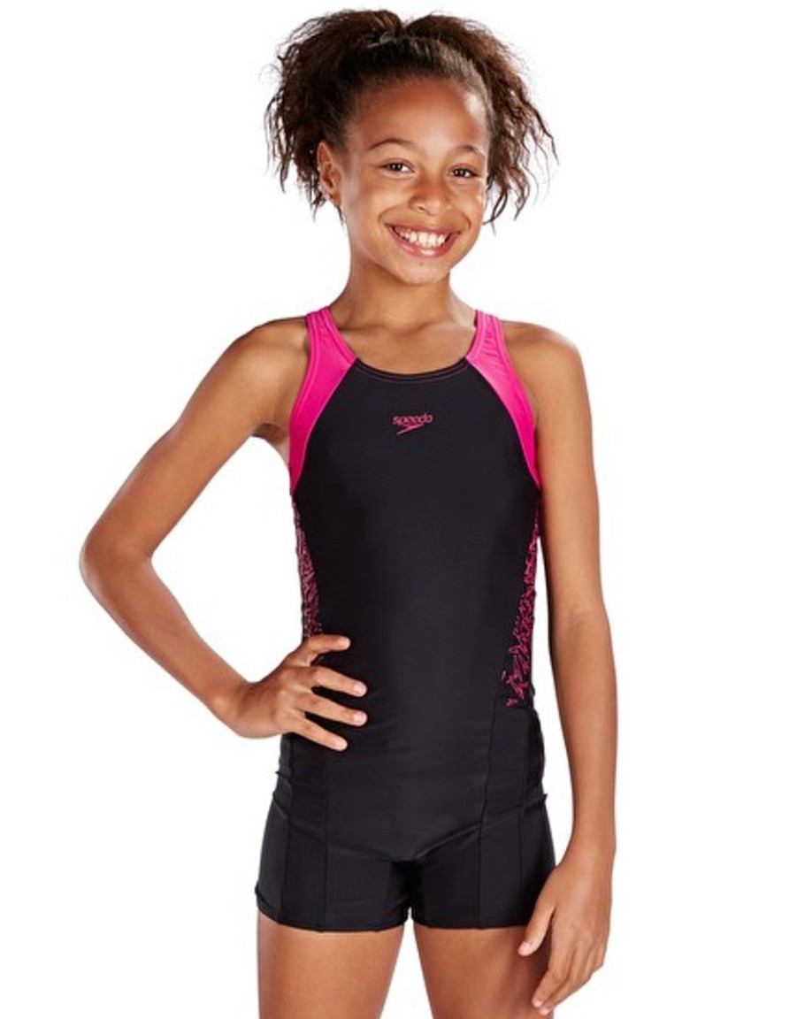 Kids Speedo Swimsuits For Girls | Speedo Boom Splice Legsuit Black/ Electric Pink