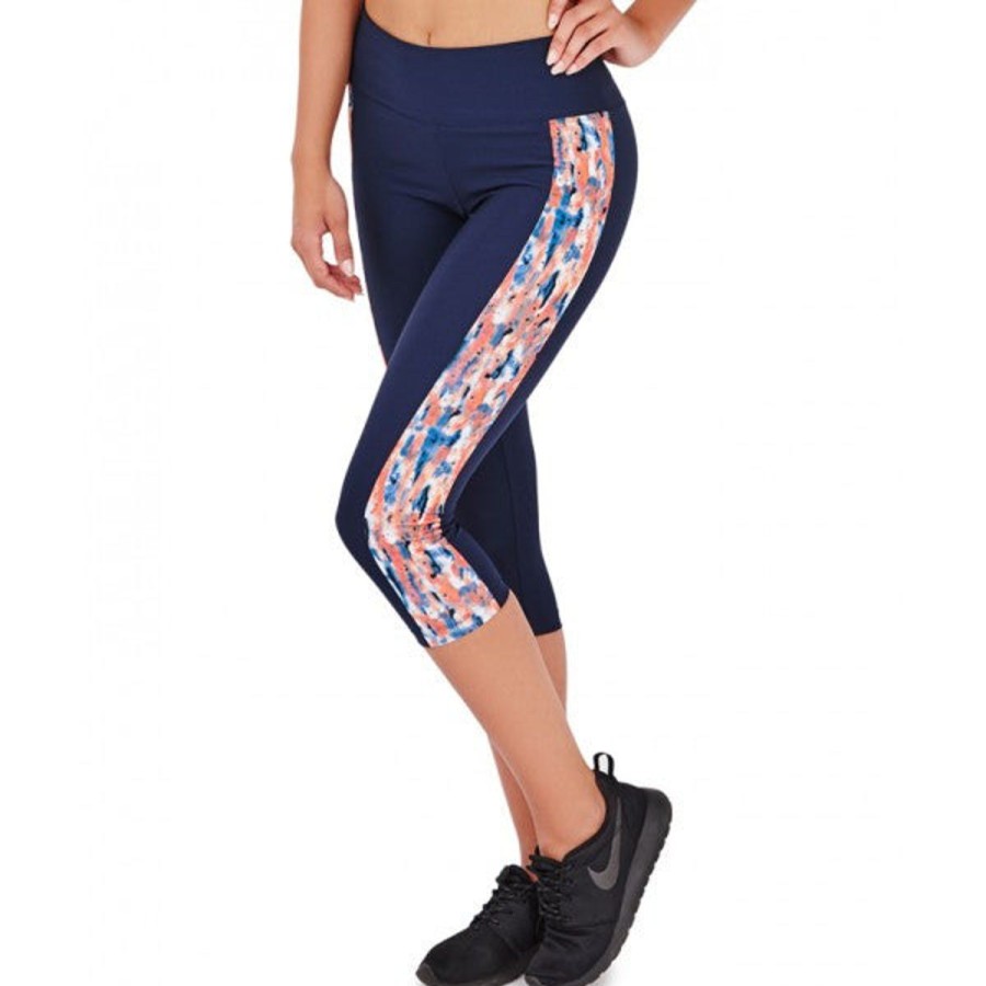 Women South Beach Activewear | Marcy Navy & Coral Splash Print Panel Capri