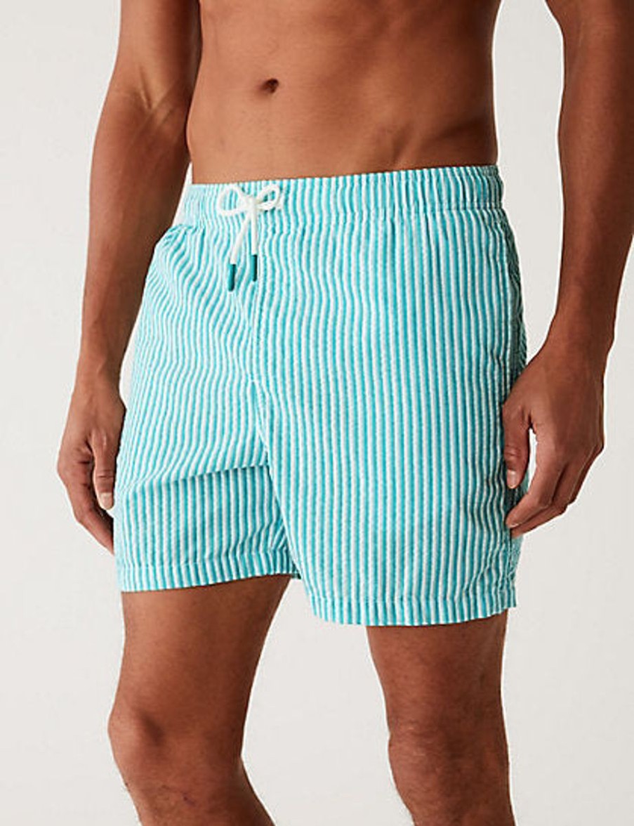 Men Marks & Spencer Swimwear And Board Shorts | Quick Dry Striped Seersucker Swim Shorts Medium Seafoam