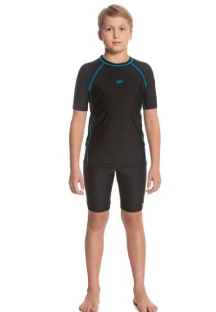 Kids Speedo Swimsuits For Boys | Speedo Swim Rashguard T-Shirt - Jr Black/Pool