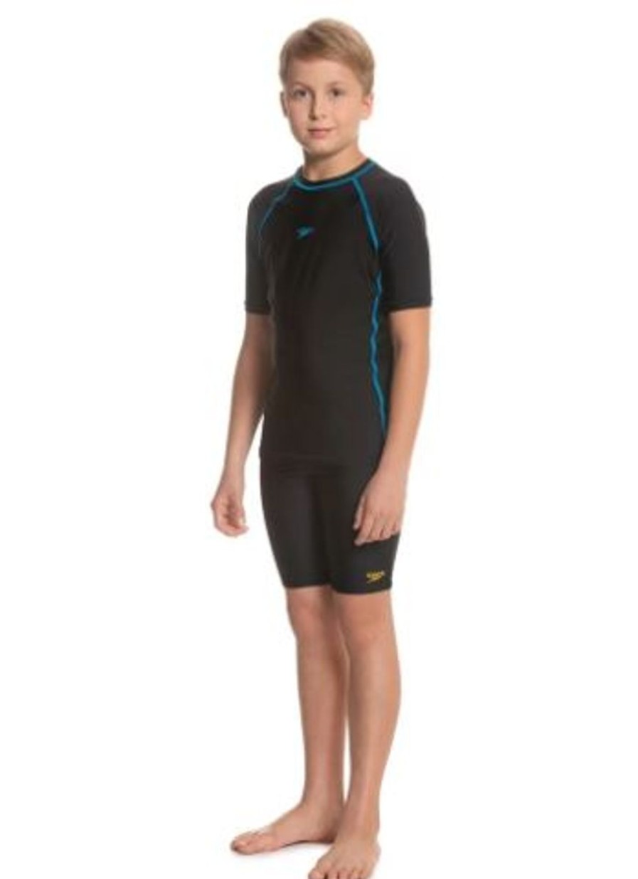 Kids Speedo Swimsuits For Boys | Speedo Swim Rashguard T-Shirt - Jr Black/Pool