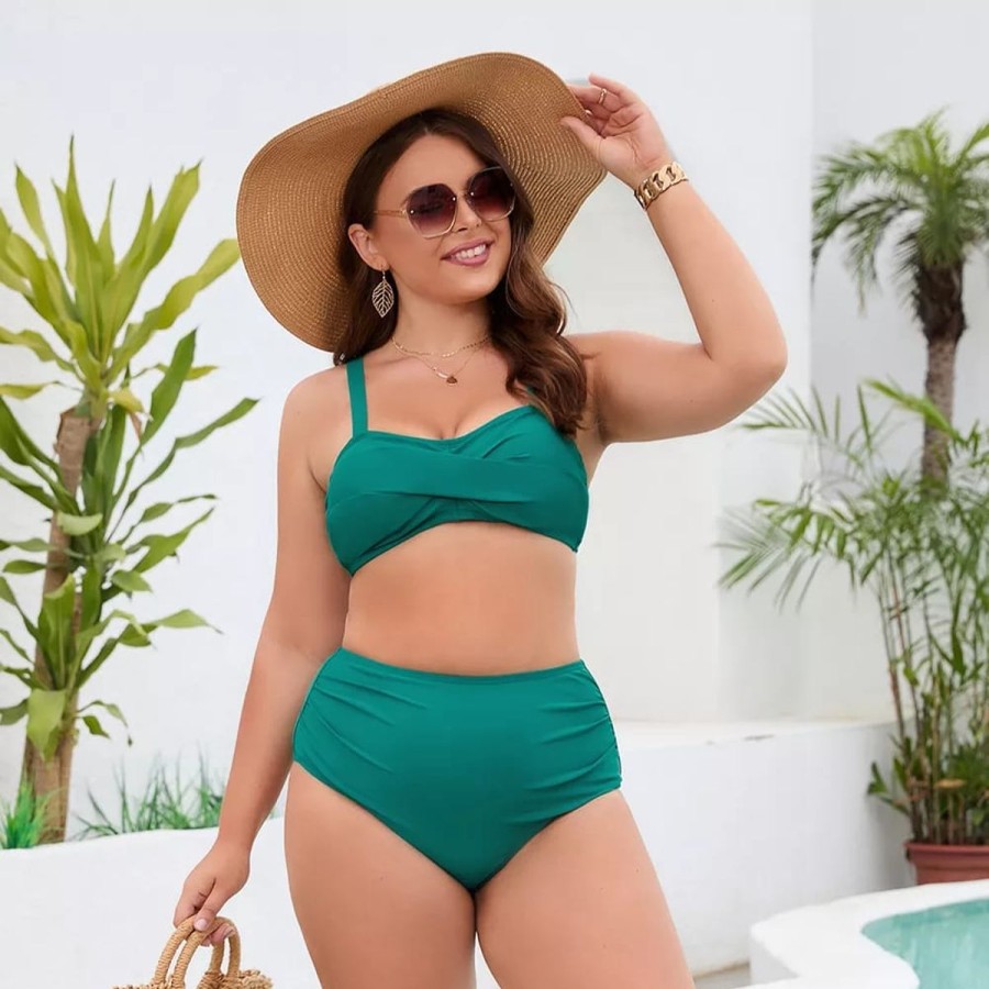 Women The Beach Company Bikini Sets | Crisscross Plus Size High Waist Bikini Set Emerald