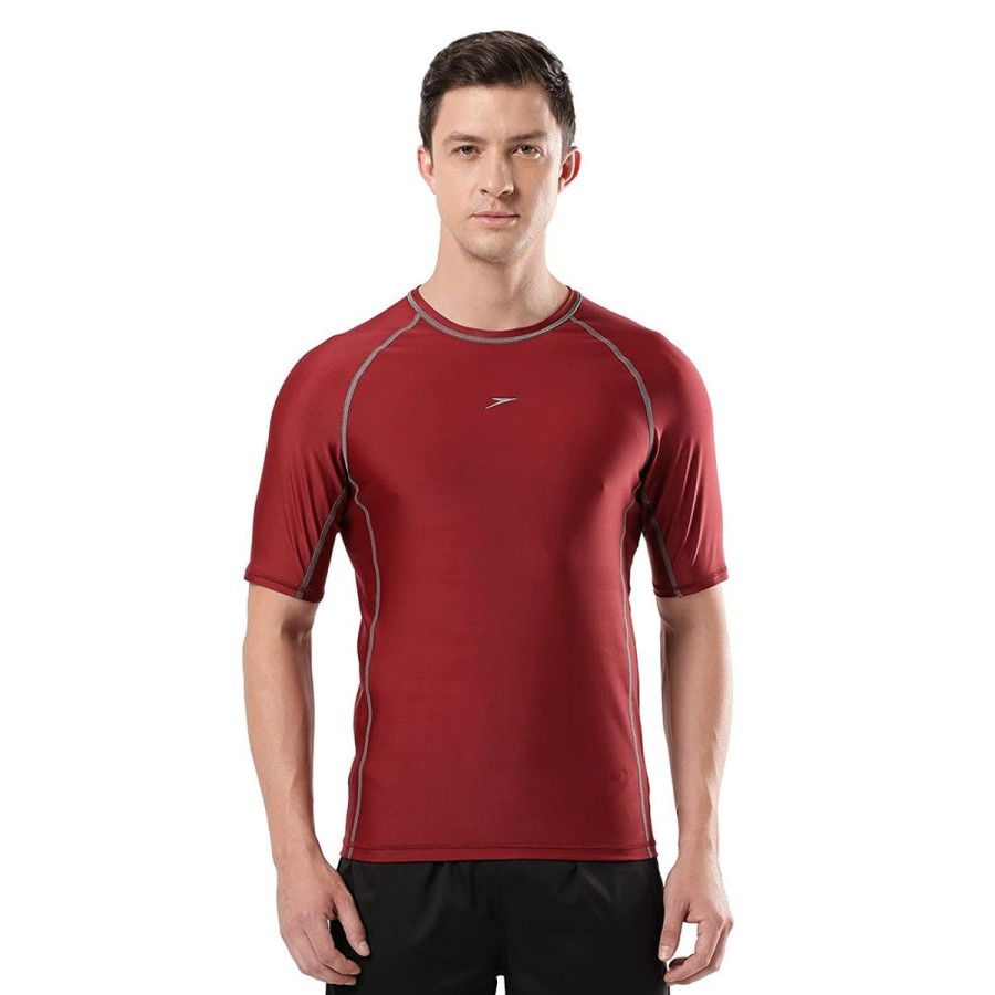 Men Speedo Swimwear And Board Shorts | Mens Swim Rashguard T-Shirt Oxblood/Dapple Grey