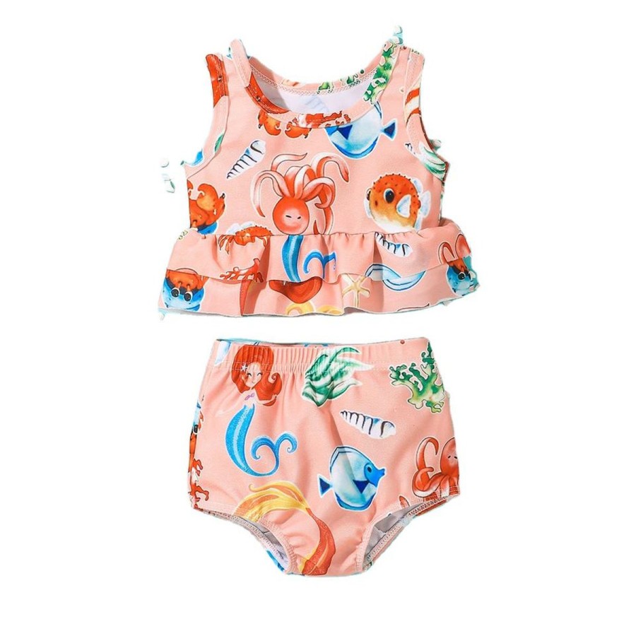 Kids The Beach Company Swimsuits For Toddlers | Marine Life Print Ruffle Set Peach/Multi