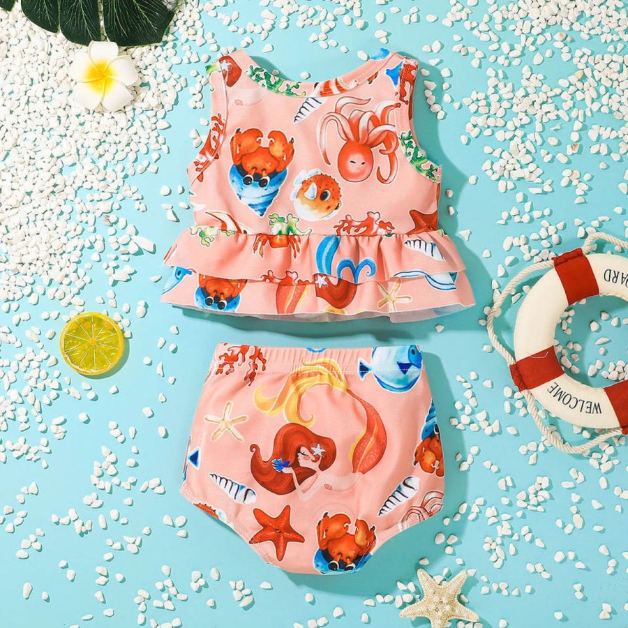 Kids The Beach Company Swimsuits For Toddlers | Marine Life Print Ruffle Set Peach/Multi