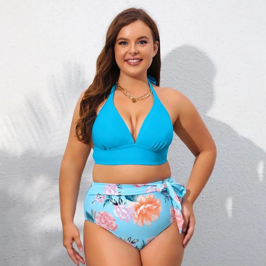 Women The Beach Company Bikini Sets | Plus Size Halter Knotted High Rise Bikini Set Blue/Floral