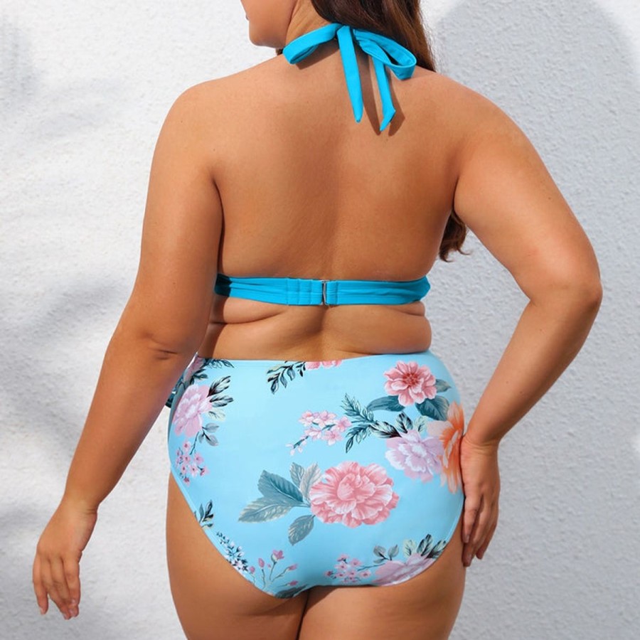 Women The Beach Company Bikini Sets | Plus Size Halter Knotted High Rise Bikini Set Blue/Floral