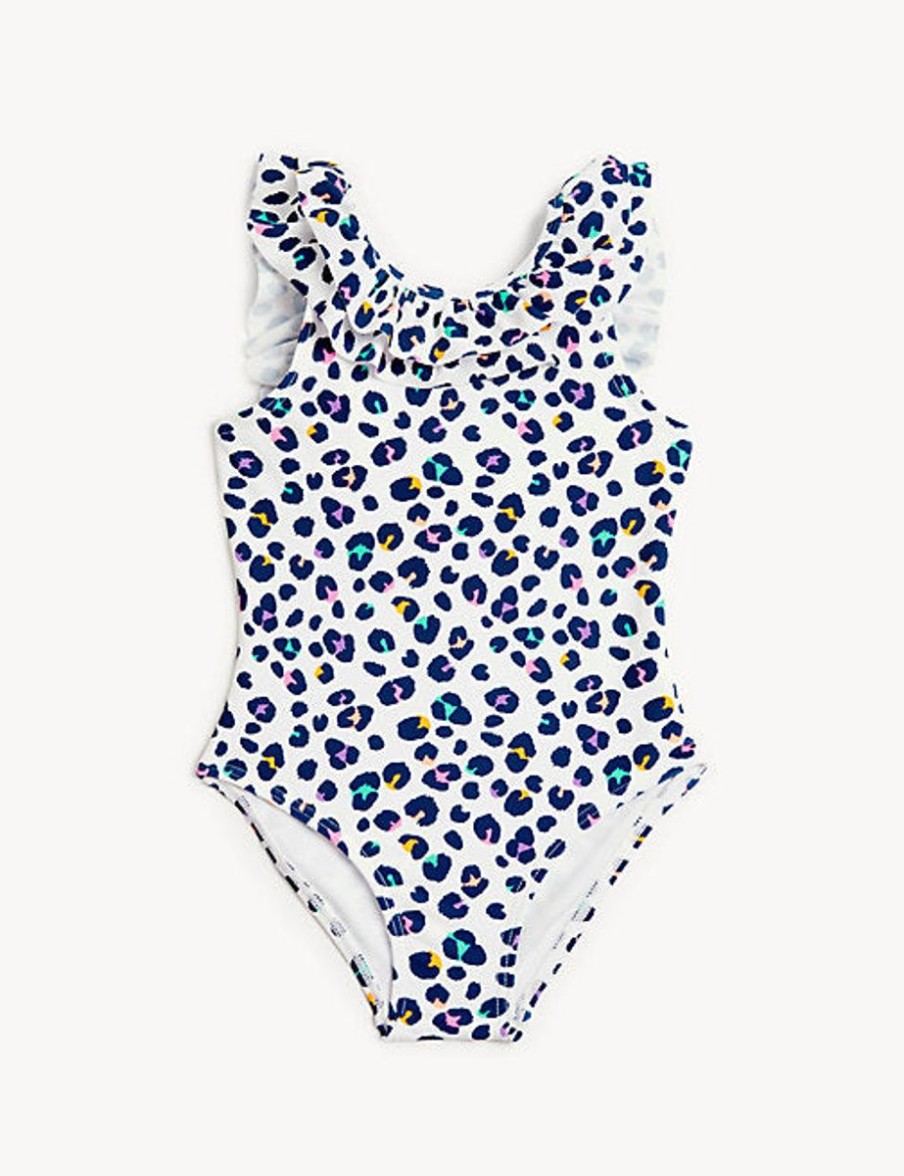 Kids Marks & Spencer Swimsuits For Girls | Leopard Print Frill Swimsuit White Mix