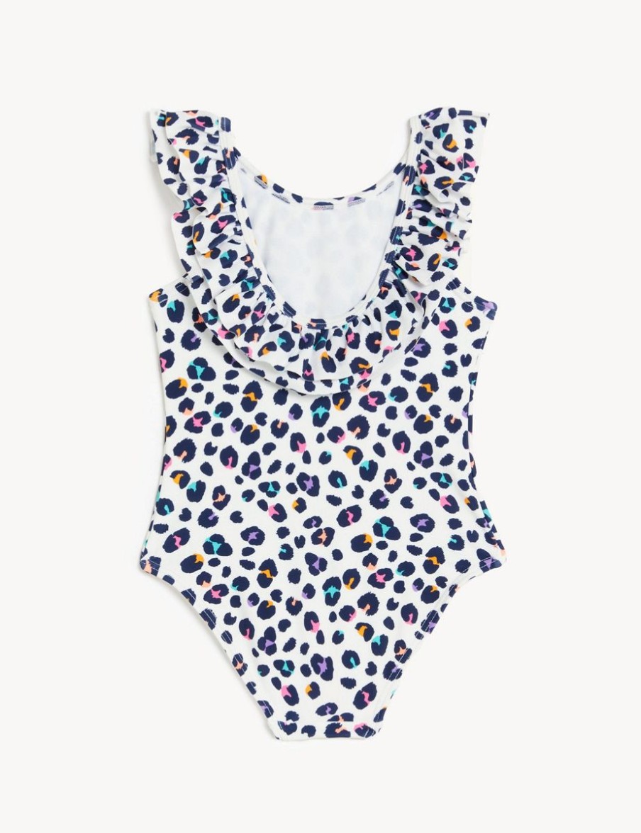 Kids Marks & Spencer Swimsuits For Girls | Leopard Print Frill Swimsuit White Mix