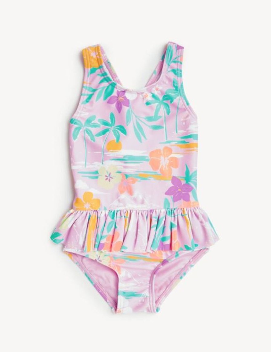 Kids Marks & Spencer Swimsuits For Girls | Palm Print Peplum Swimsuit Lilac Mix