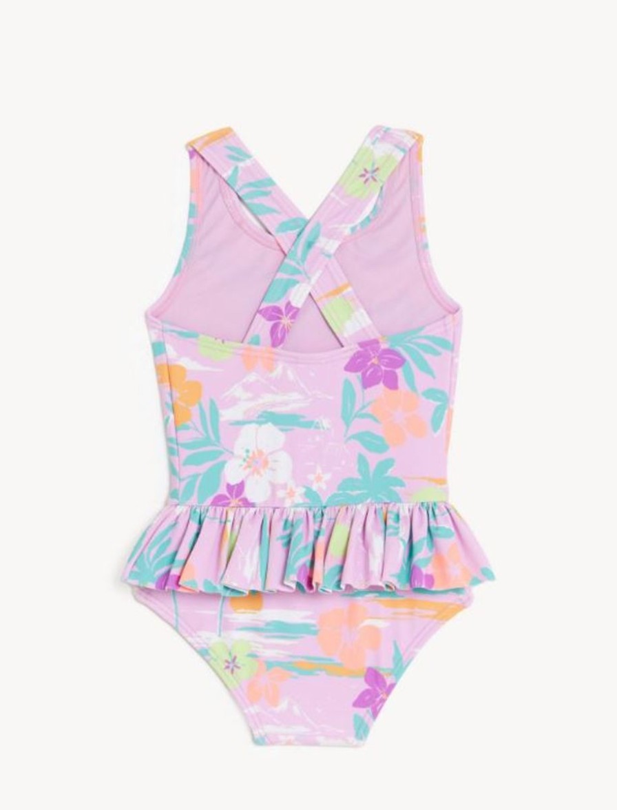 Kids Marks & Spencer Swimsuits For Girls | Palm Print Peplum Swimsuit Lilac Mix