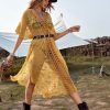 Women The Beach Company Beachwear | V-Neck Crochet Flower Hollow Sheer Slit Long Dress Yellow