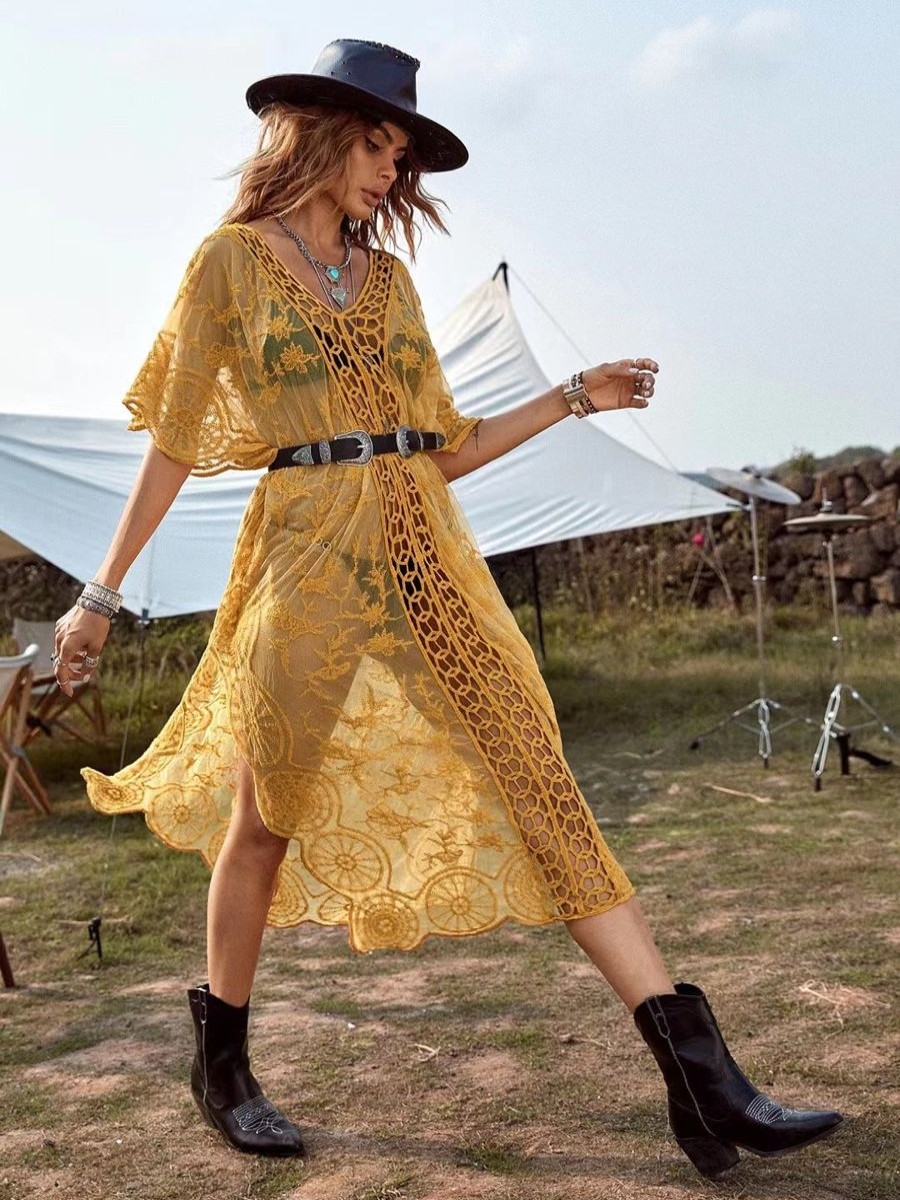 Women The Beach Company Beachwear | V-Neck Crochet Flower Hollow Sheer Slit Long Dress Yellow