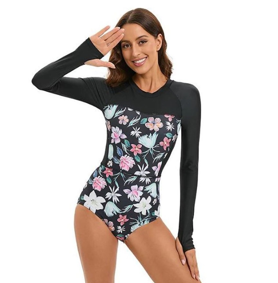 Women The Beach Company Swimwear | Coral Flower Back Zip Uv Sun Protection Long-Sleeve One-Piece Black & Multi