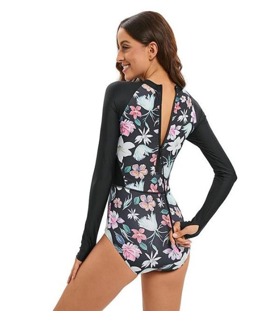 Women The Beach Company Swimwear | Coral Flower Back Zip Uv Sun Protection Long-Sleeve One-Piece Black & Multi