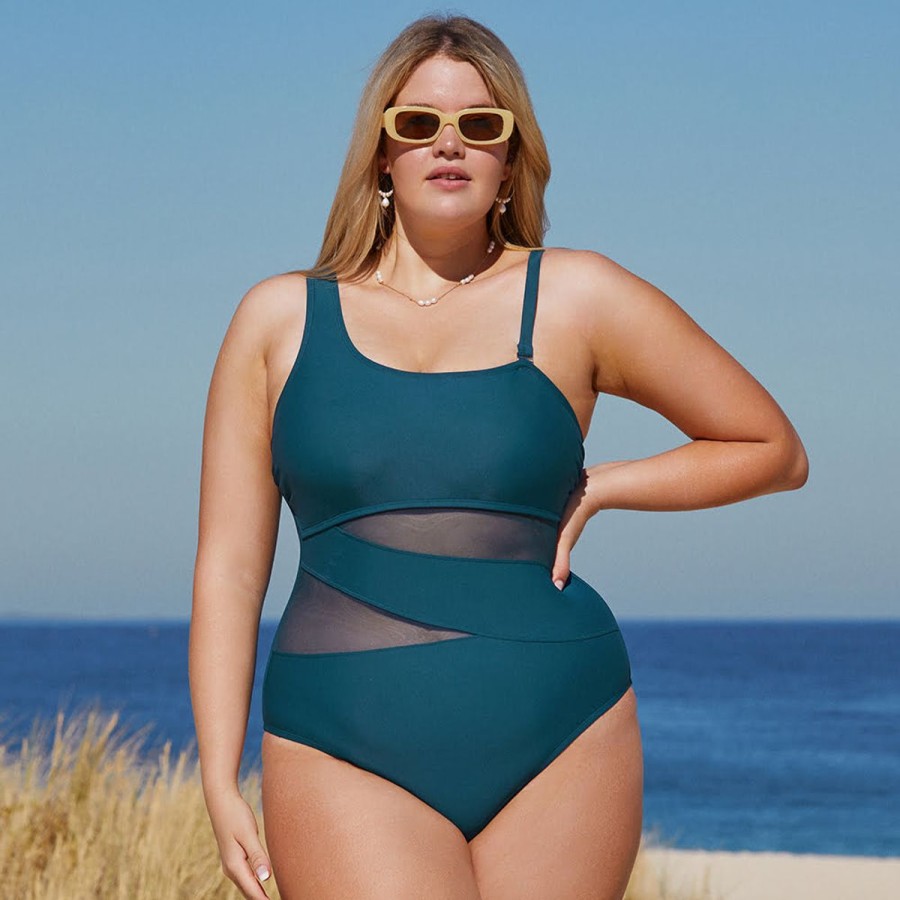 Women The Beach Company Swim & Beach | Plus Size Mesh One Shoulder Swimsuit Cyan Blue