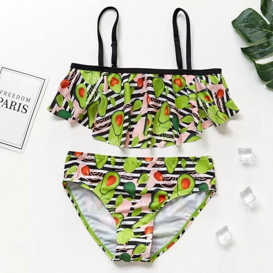 Kids The Beach Company Swimsuits For Girls | Avocado Print Ruffle Bikini Set