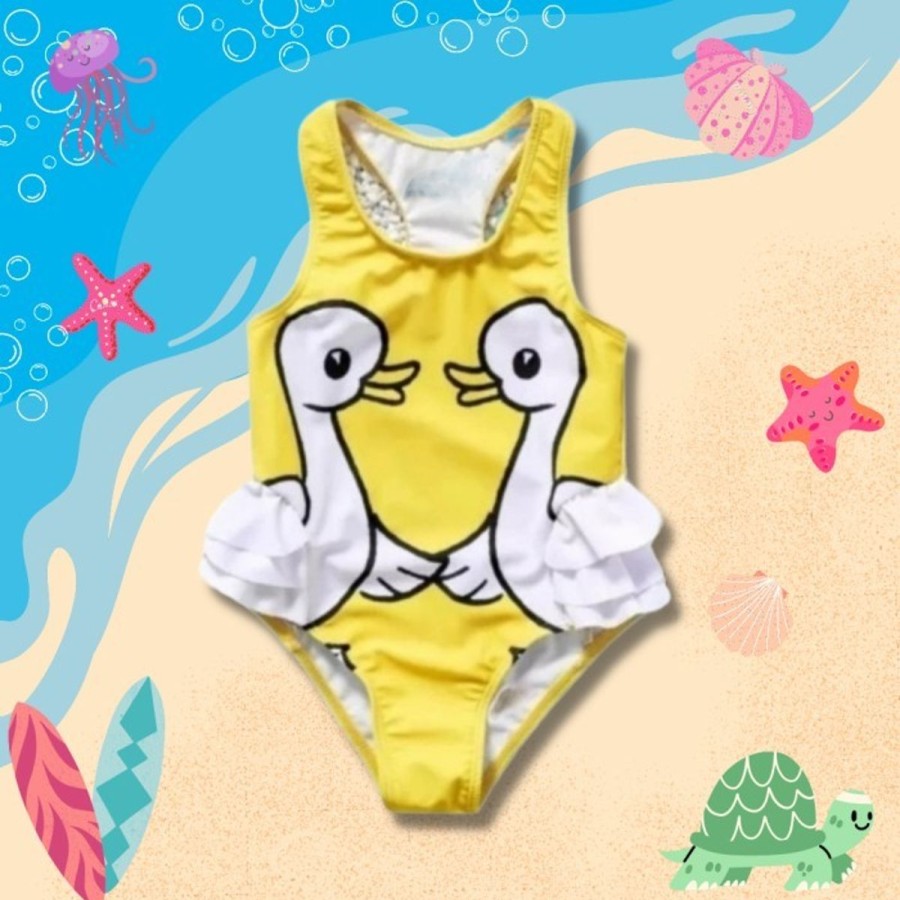 Kids The Beach Company Swimsuits For Girls | Yellow Racer Back Duck Print Ruffle Swimsuit