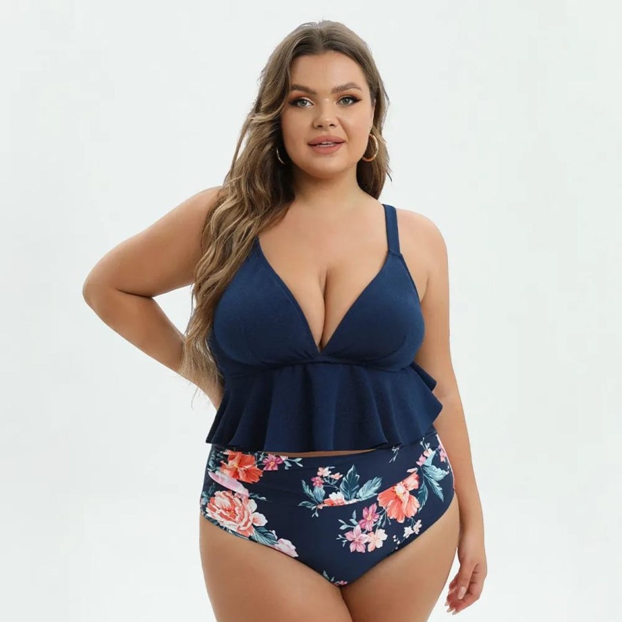 Women The Beach Company Swim & Beach | Floral Ruffle Plus Size High Waist Bikini Set Navy/Floral