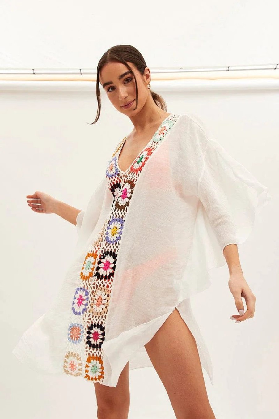 Women The Beach Company Beachwear | Contrast Crochet Batwing Cover Up White