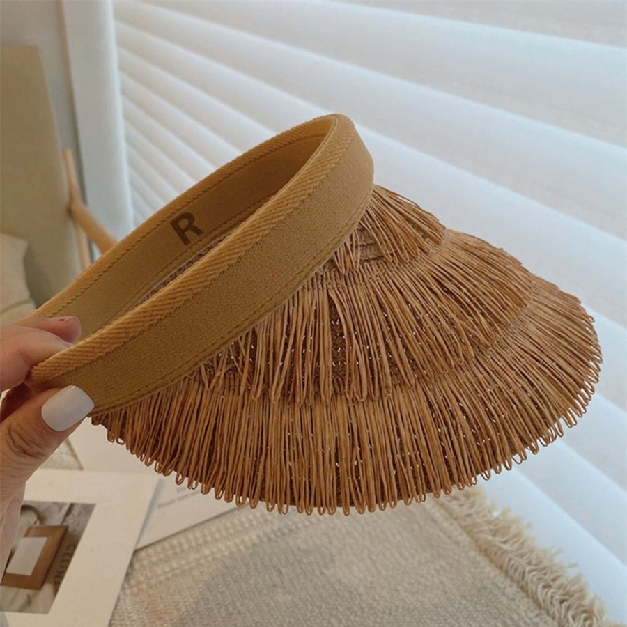 Women The Beach Company Beach Hats | Three-Layer Fringed Straw Visor Brown