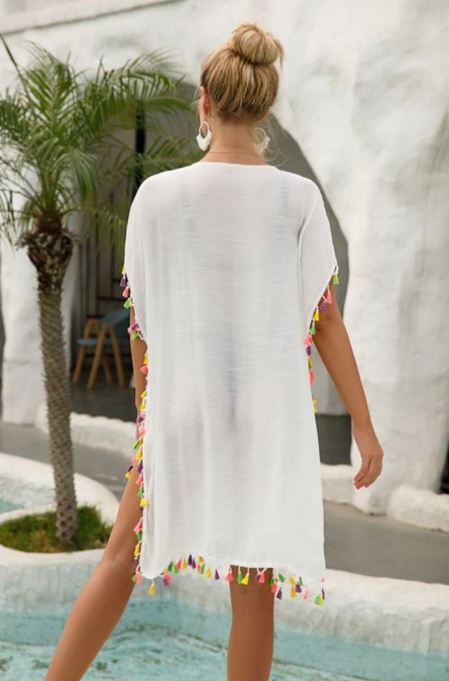 Women The Beach Company Beachwear | Tassel Trim Side Split Cover Up White