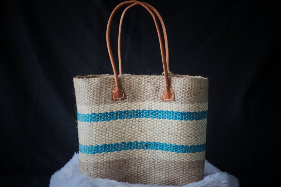 Women Weave Bags & Totes | Grey And Blue Striped Tote With Pompoms