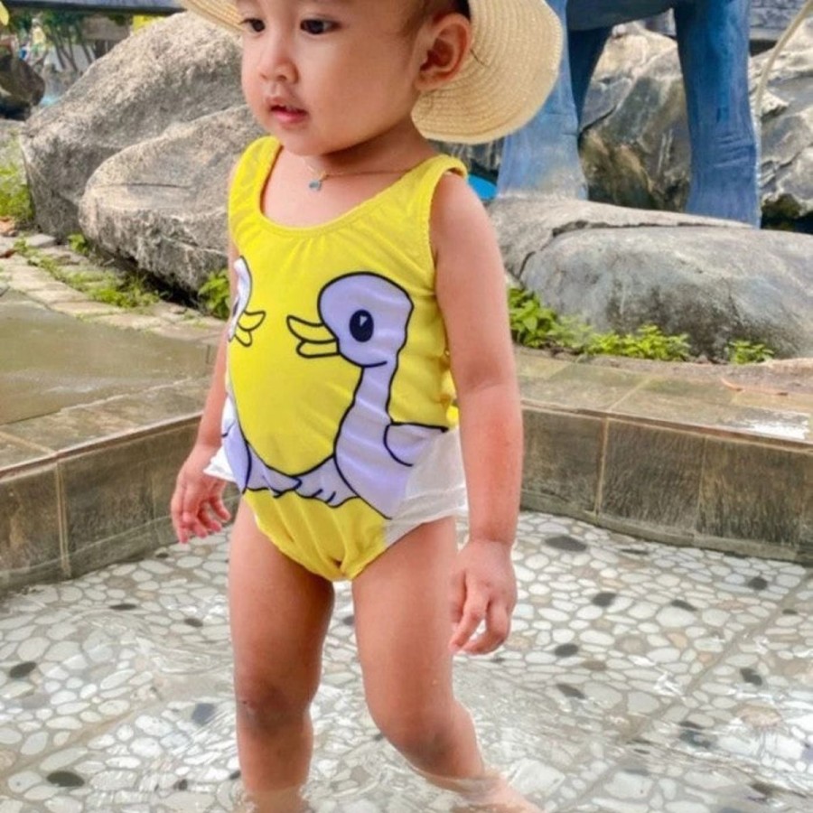 Kids The Beach Company Swimsuits For Toddlers | Yellow Racer Back Duck Print Ruffle Swimsuit