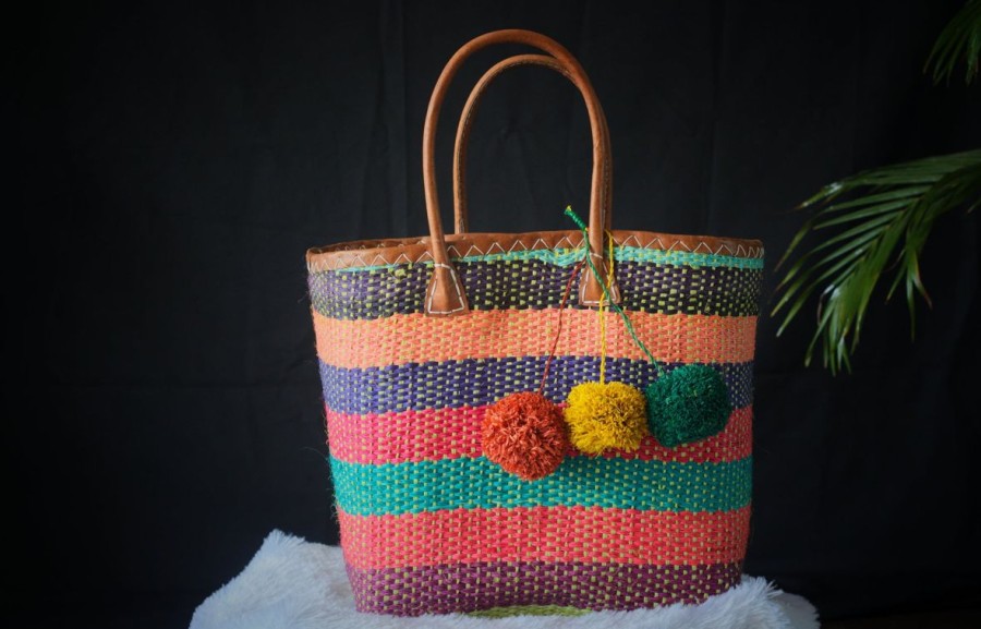 Women Weave Bags & Totes | Multi Color Tote With Pompoms