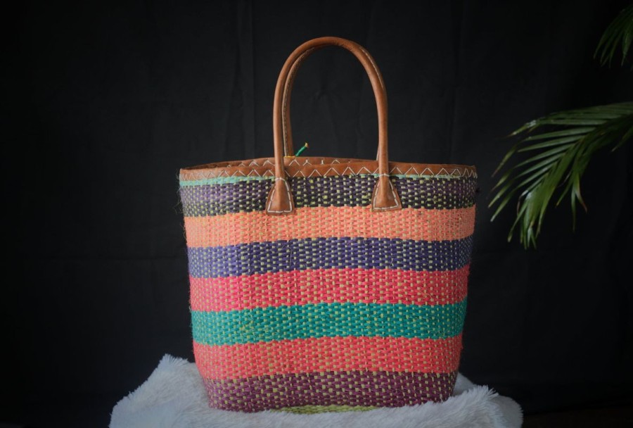 Women Weave Bags & Totes | Multi Color Tote With Pompoms