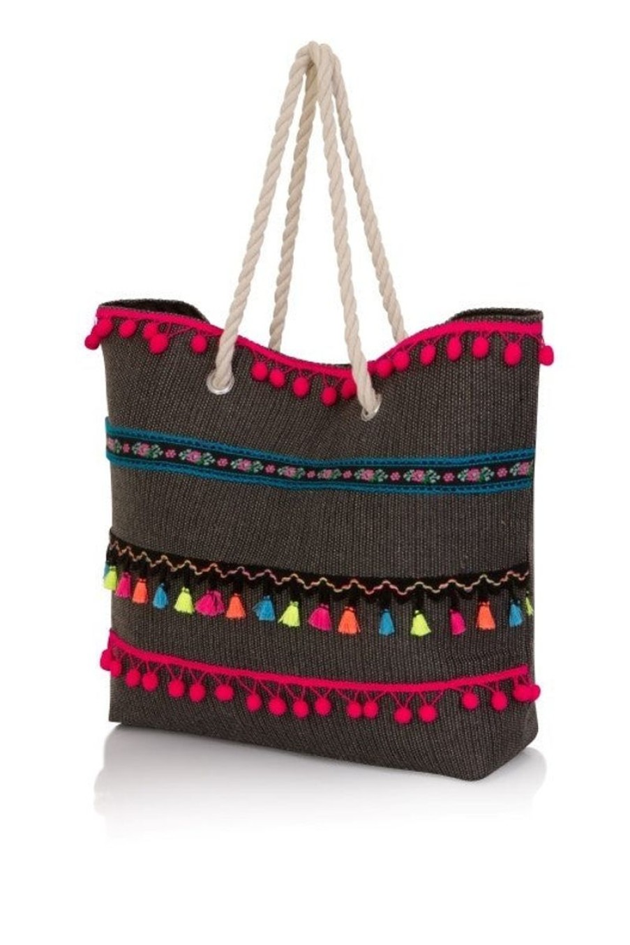 Women South Beach Bags & Totes | Multicolored Tassel Woven Bag Black/Multi