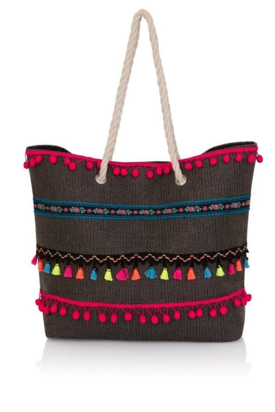 Women South Beach Bags & Totes | Multicolored Tassel Woven Bag Black/Multi