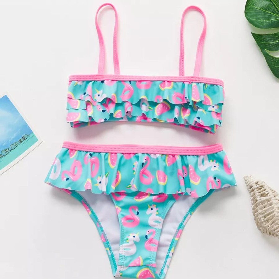 Kids The Beach Company Swimsuits For Girls | Flamingo & Unicorn Print Ruffle Bikini Set