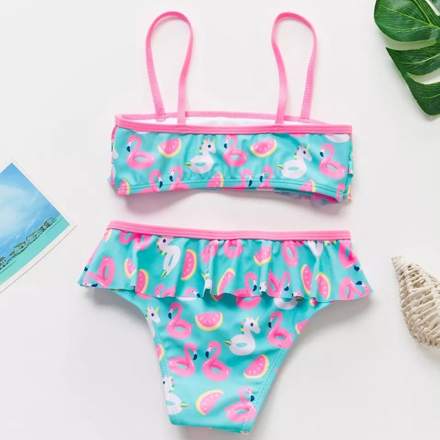 Kids The Beach Company Swimsuits For Girls | Flamingo & Unicorn Print Ruffle Bikini Set