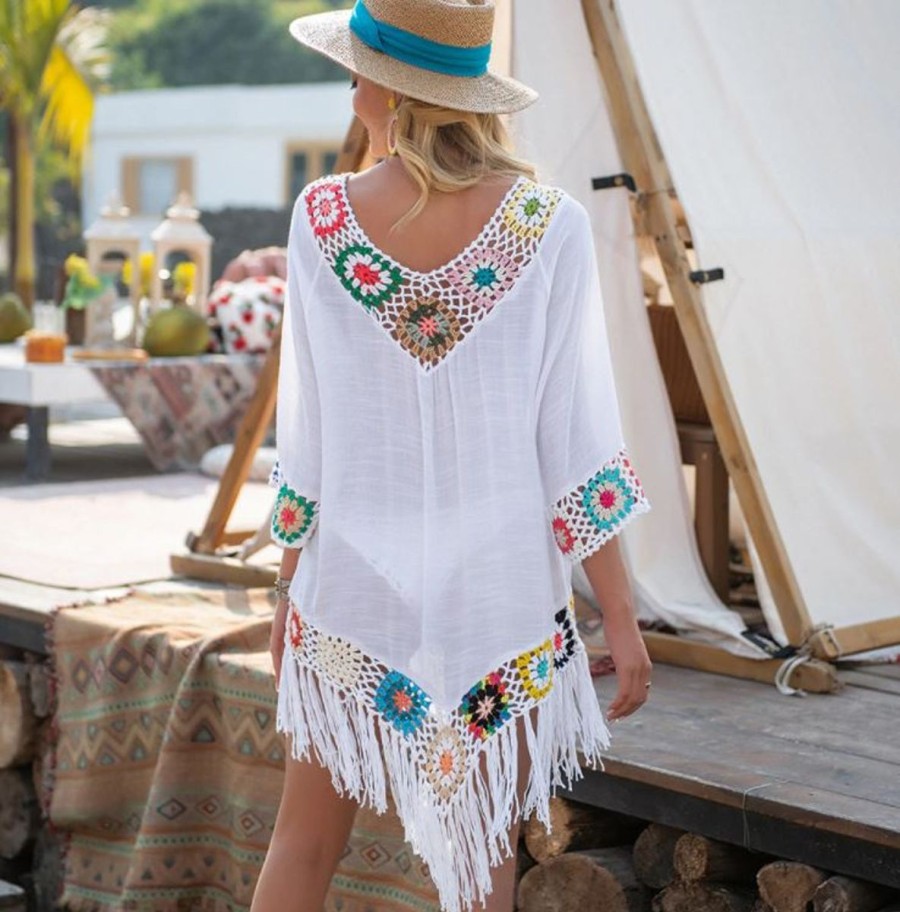 Women The Beach Company Beachwear | V Neck Asymmetrical Crochet Trim Tassel Cover Up White