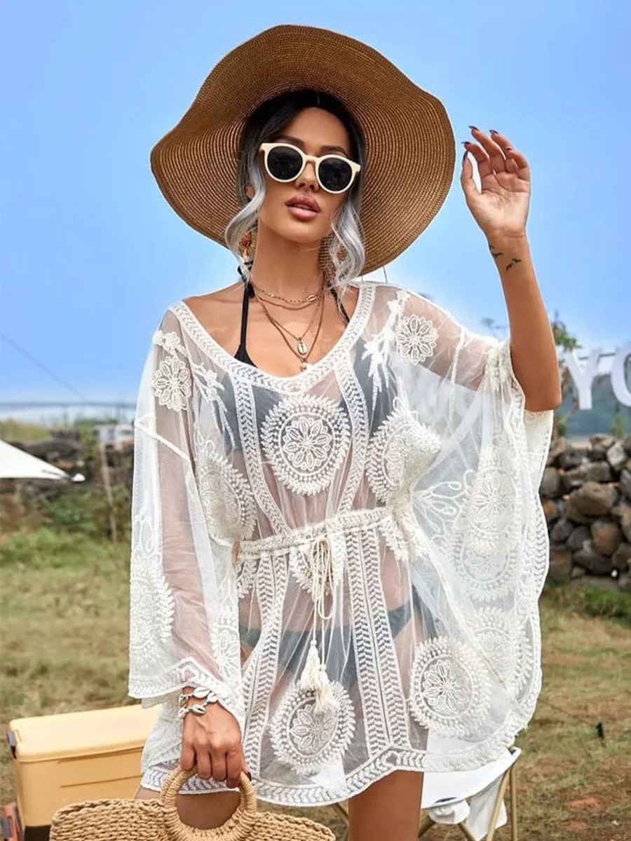 Women The Beach Company Beachwear | Embroidered Crochet Mesh Cover Up White