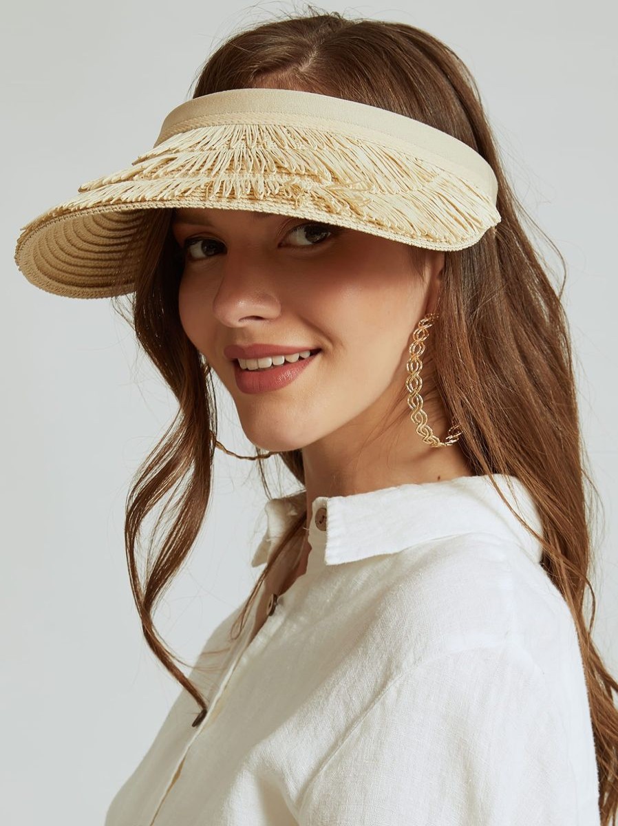 Women The Beach Company Beach Hats | Three-Layer Fringed Straw Visor Beige