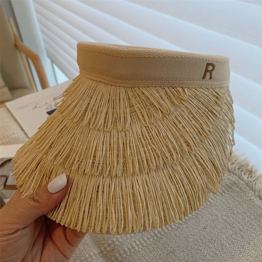 Women The Beach Company Beach Hats | Three-Layer Fringed Straw Visor Beige